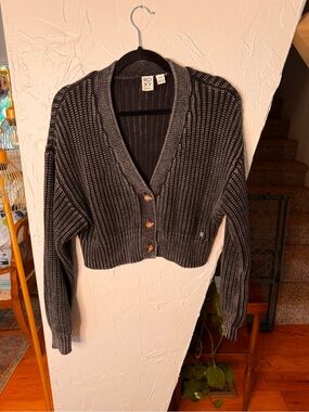 Roxy Women's Charcoal Gray Ribbed Cropped Cardigan